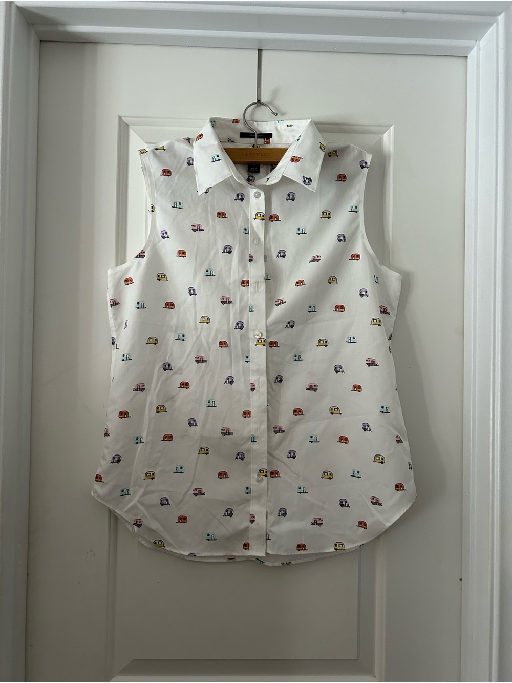 Lands' End White Camper-Print Casual Button-Down Shirt No Iron Supima Cotton